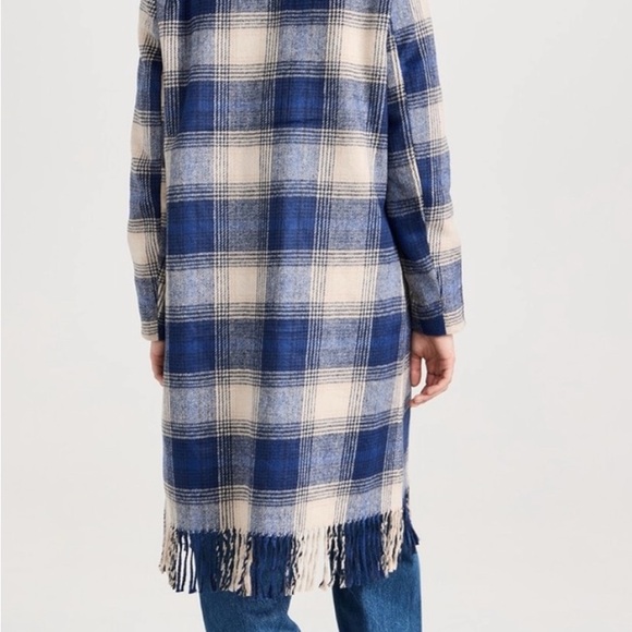 Z Supply Blue Plaid Fringe Open-Front Coat NWT Mid-weight Checked Long Jacket - Picture 4 of 7
